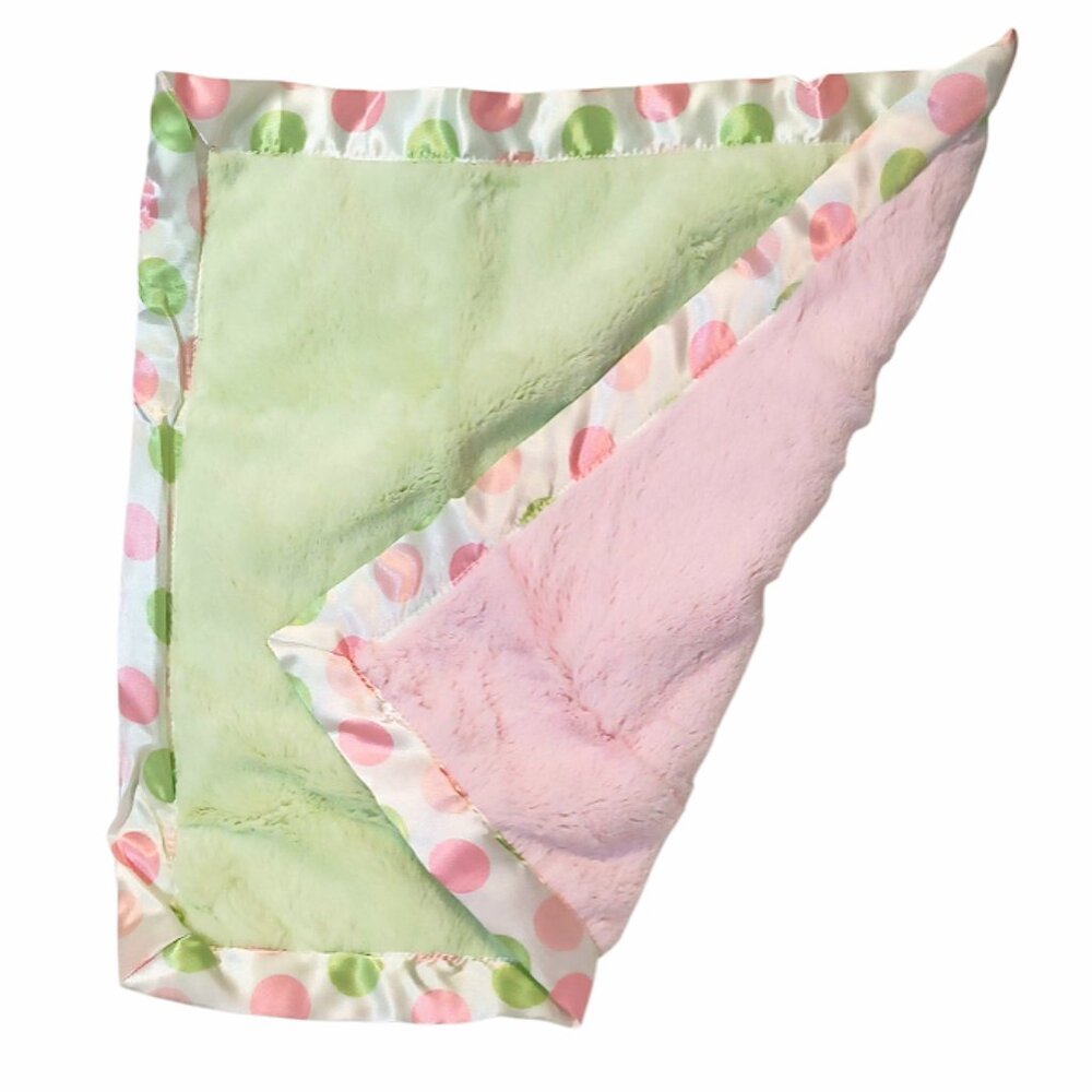 Bearington Baby Collection Green Pink Dot Satin Lovey Security Blanket 16" X 16"